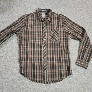 Volcom Classic Fit Cotton Blend Brown Plaid Button Down Long Sleeve Men's Size L